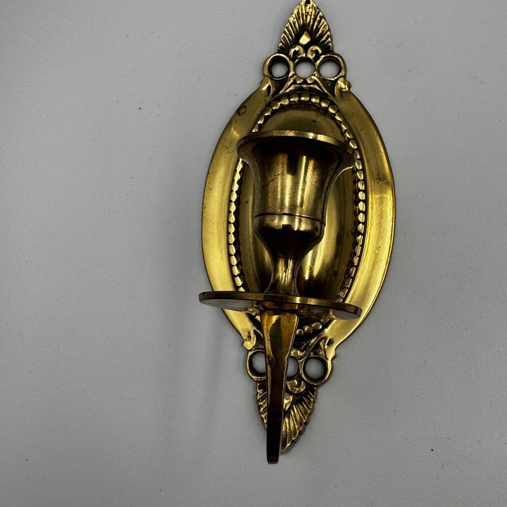 Vintage Solid Brass Wall Sconce Candle Holder Ornate Scrolled Oval Backplate